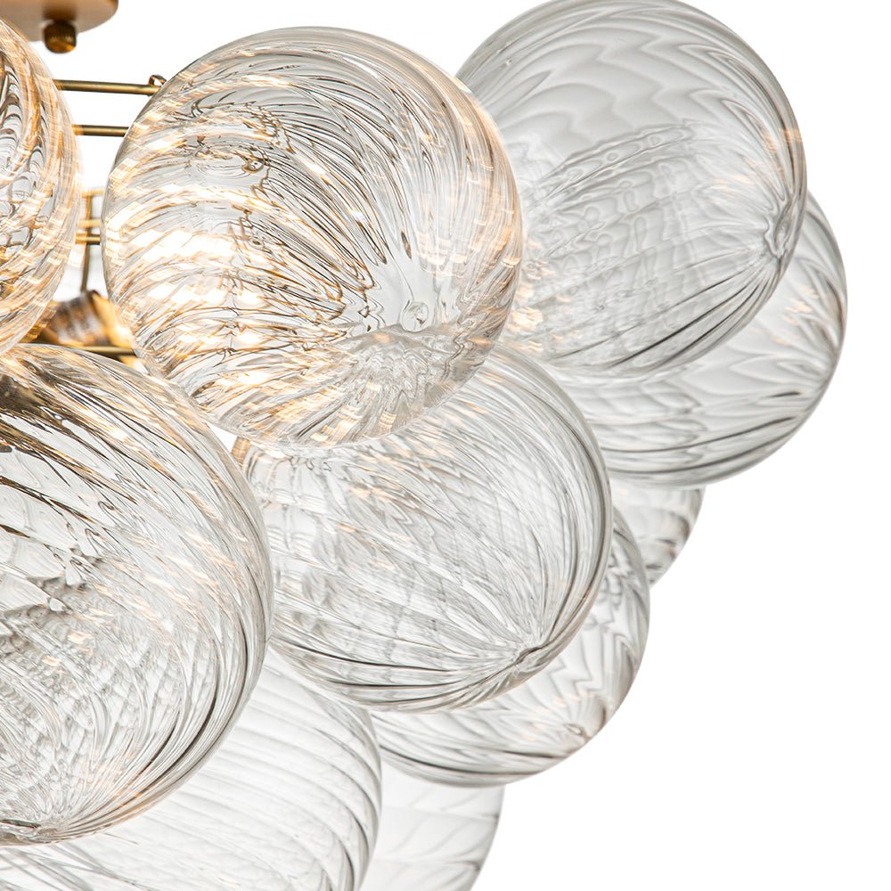 Three-Globe Ceiling Mount Fixture with Textured Glass Shades in Warm Metal Finish for Entry, Dining Room & Living Room