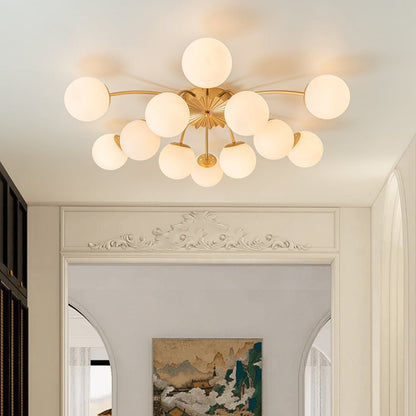 Frosted Globe Semi Flush Ceiling Light 12-Arm Brass Starburst Chandelier for Dining Room Mid Century Modern