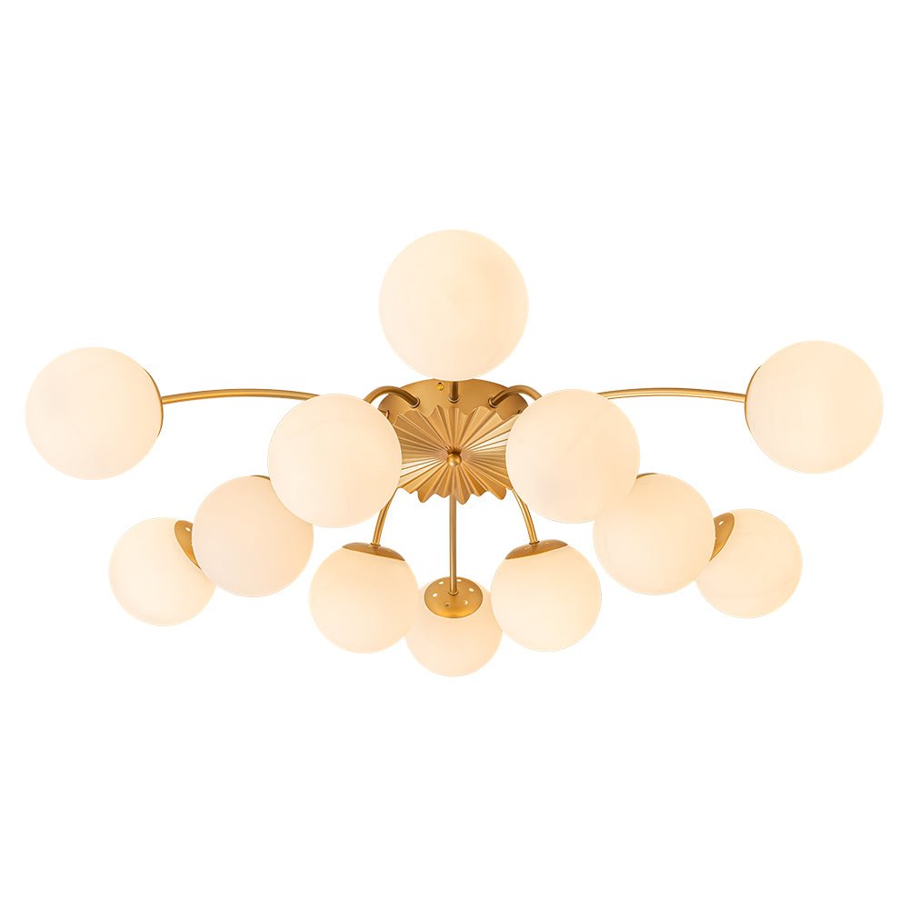 Frosted Globe Semi Flush Ceiling Light 12-Arm Brass Starburst Chandelier for Dining Room Mid Century Modern
