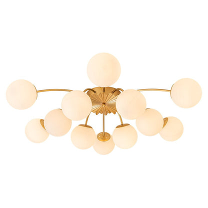 Frosted Globe Semi Flush Ceiling Light 12-Arm Brass Starburst Chandelier for Dining Room Mid Century Modern
