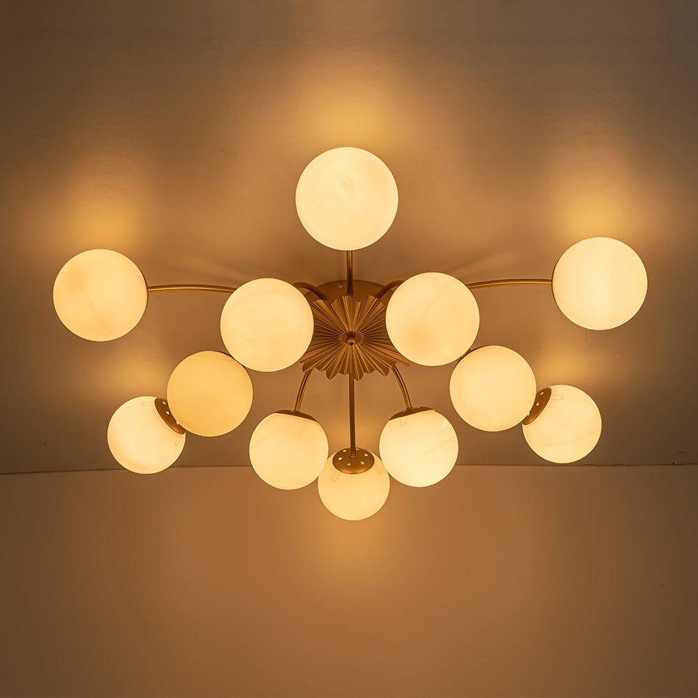 Frosted Globe Semi Flush Ceiling Light 12-Arm Brass Starburst Chandelier for Dining Room Mid Century Modern