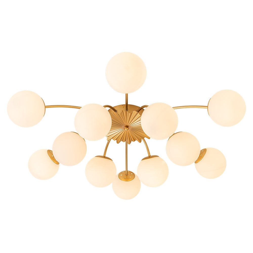 Frosted Globe Semi Flush Ceiling Light 12-Arm Brass Starburst Chandelier for Dining Room Mid Century Modern