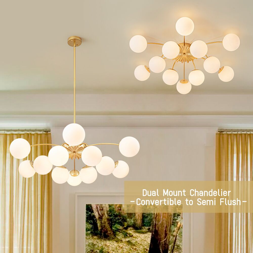 Frosted Globe Semi Flush Ceiling Light 12-Arm Brass Starburst Chandelier for Dining Room Mid Century Modern