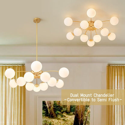 Frosted Globe Semi Flush Ceiling Light 12-Arm Brass Starburst Chandelier for Dining Room Mid Century Modern