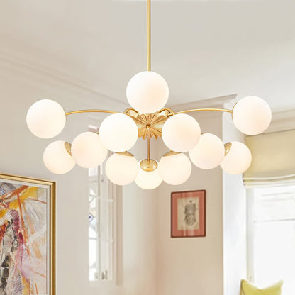 Frosted Globe Semi Flush Ceiling Light 12-Arm Brass Starburst Chandelier for Dining Room Mid Century Modern