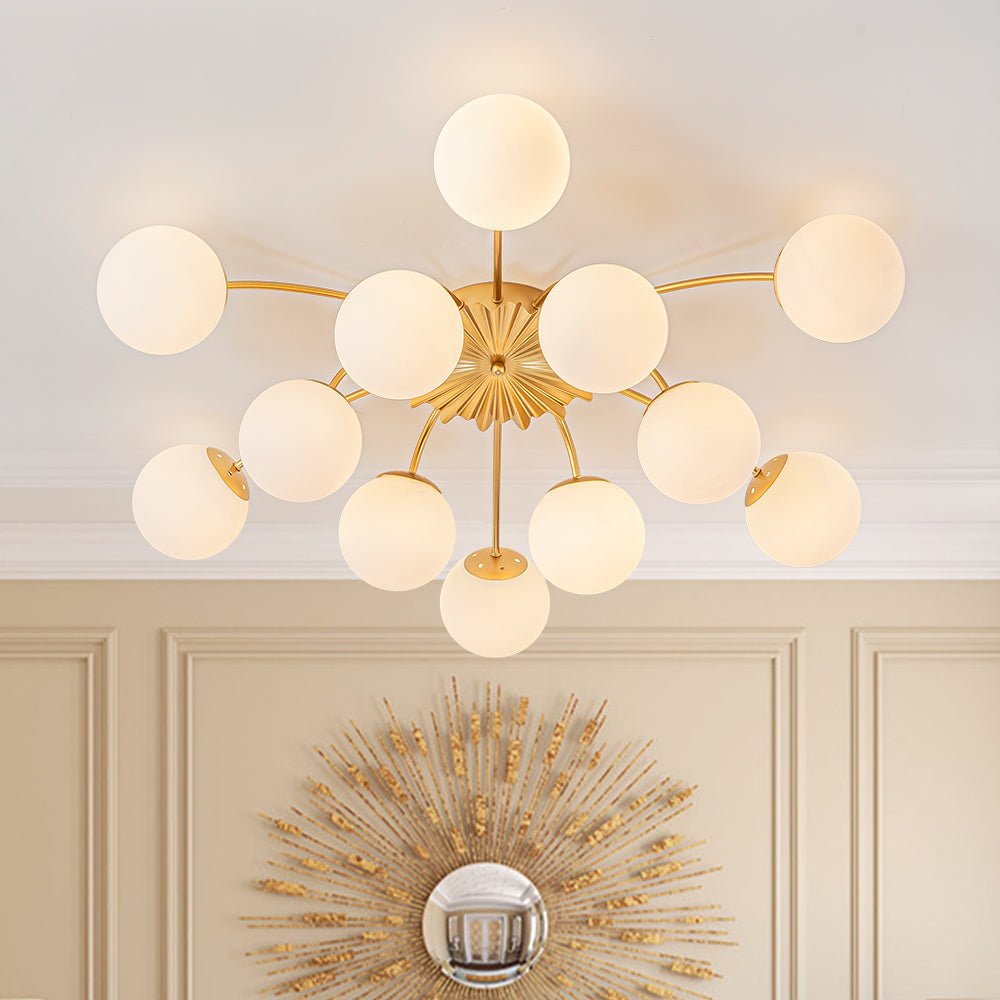 Frosted Globe Semi Flush Ceiling Light 12-Arm Brass Starburst Chandelier for Dining Room Mid Century Modern