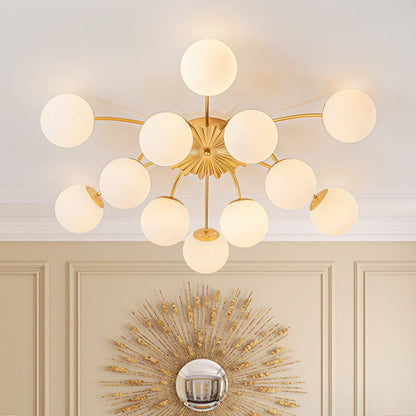 Frosted Globe Semi Flush Ceiling Light 12-Arm Brass Starburst Chandelier for Dining Room Mid Century Modern