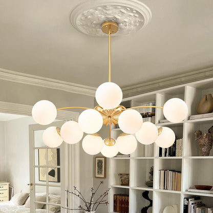 Frosted Globe Semi Flush Ceiling Light 12-Arm Brass Starburst Chandelier for Dining Room Mid Century Modern