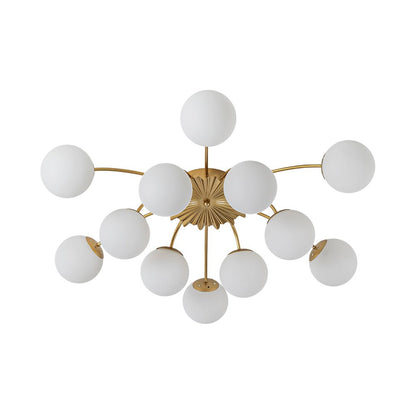 Frosted Globe Semi Flush Ceiling Light 12-Arm Brass Starburst Chandelier for Dining Room Mid Century Modern