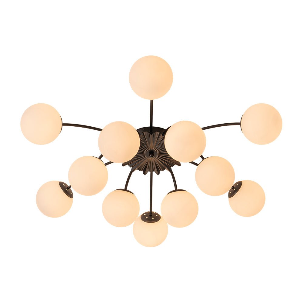 Frosted Globe Semi Flush Ceiling Light 12-Arm Brass Starburst Chandelier for Dining Room Mid Century Modern