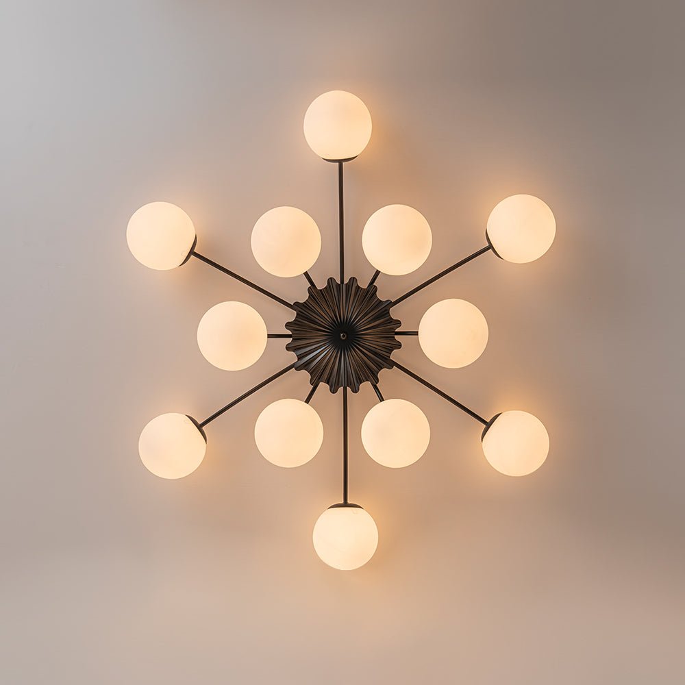 Frosted Globe Semi Flush Ceiling Light 12-Arm Brass Starburst Chandelier for Dining Room Mid Century Modern