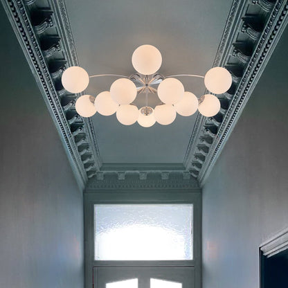 Frosted Globe Semi Flush Ceiling Light 12-Arm Brass Starburst Chandelier for Dining Room Mid Century Modern