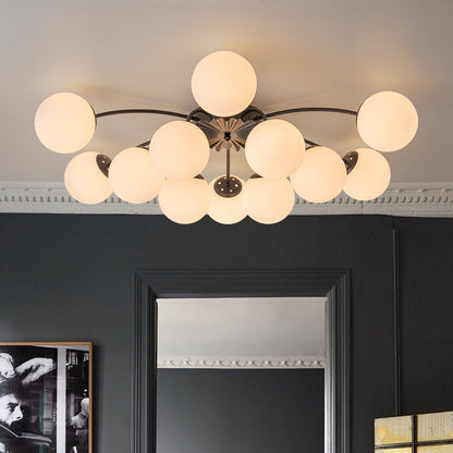Frosted Globe Semi Flush Ceiling Light 12-Arm Brass Starburst Chandelier for Dining Room Mid Century Modern
