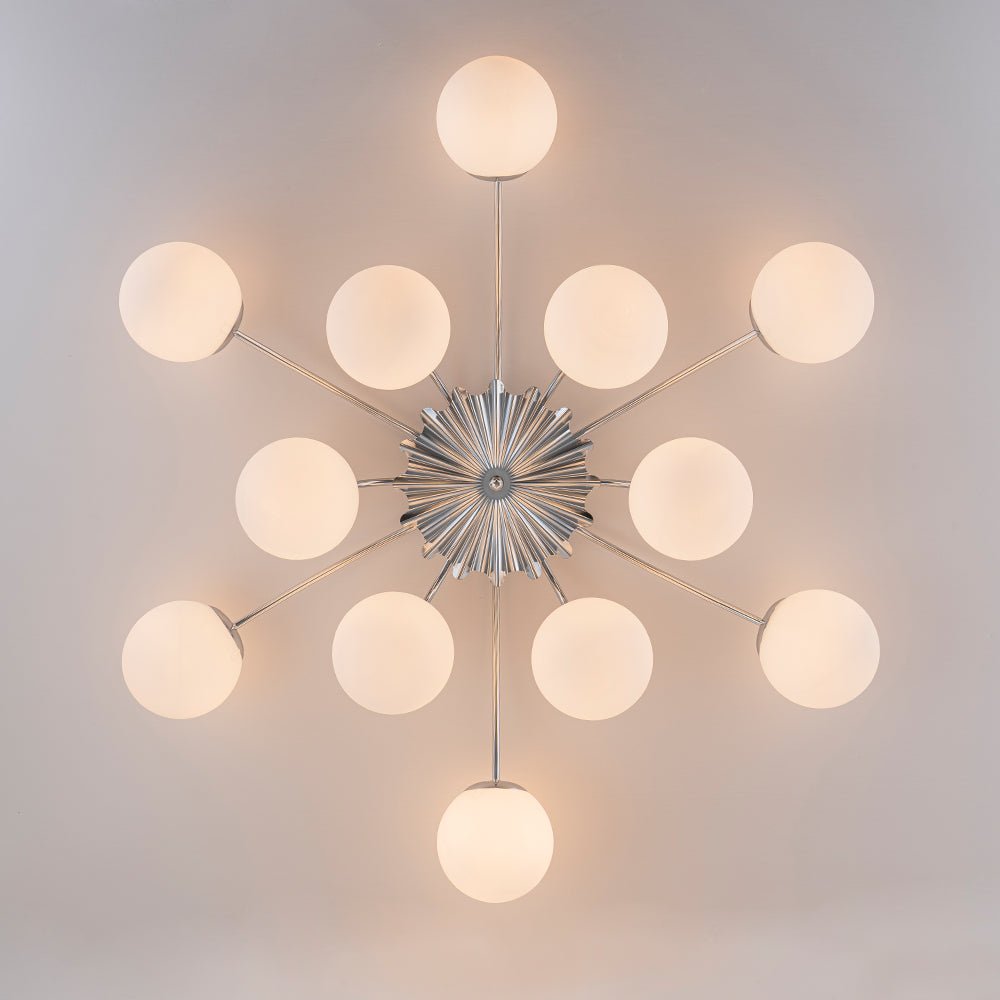 Frosted Globe Semi Flush Ceiling Light 12-Arm Brass Starburst Chandelier for Dining Room Mid Century Modern