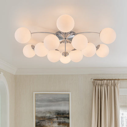 Frosted Globe Semi Flush Ceiling Light 12-Arm Brass Starburst Chandelier for Dining Room Mid Century Modern