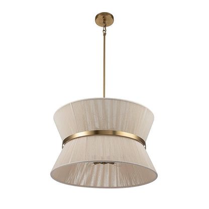 Woven Cotton Rope Drum Chandelier with Adjustable Height – 24 in Brushed Brass Fixture for Kitchen Island, Dining Table & Modern Farmhouse I