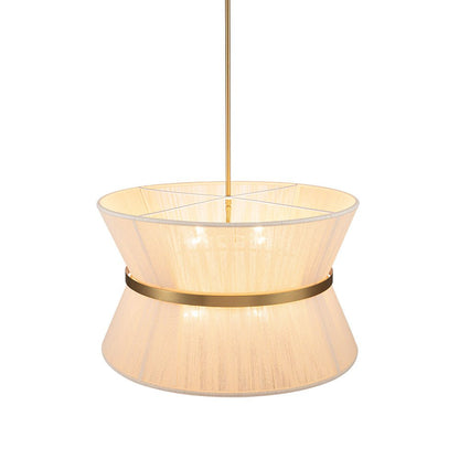Woven Cotton Rope Drum Chandelier with Adjustable Height – 24 in Brushed Brass Fixture for Kitchen Island, Dining Table & Modern Farmhouse I