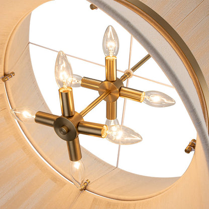 Woven Cotton Rope Drum Chandelier with Adjustable Height – 24 in Brushed Brass Fixture for Kitchen Island, Dining Table & Modern Farmhouse I