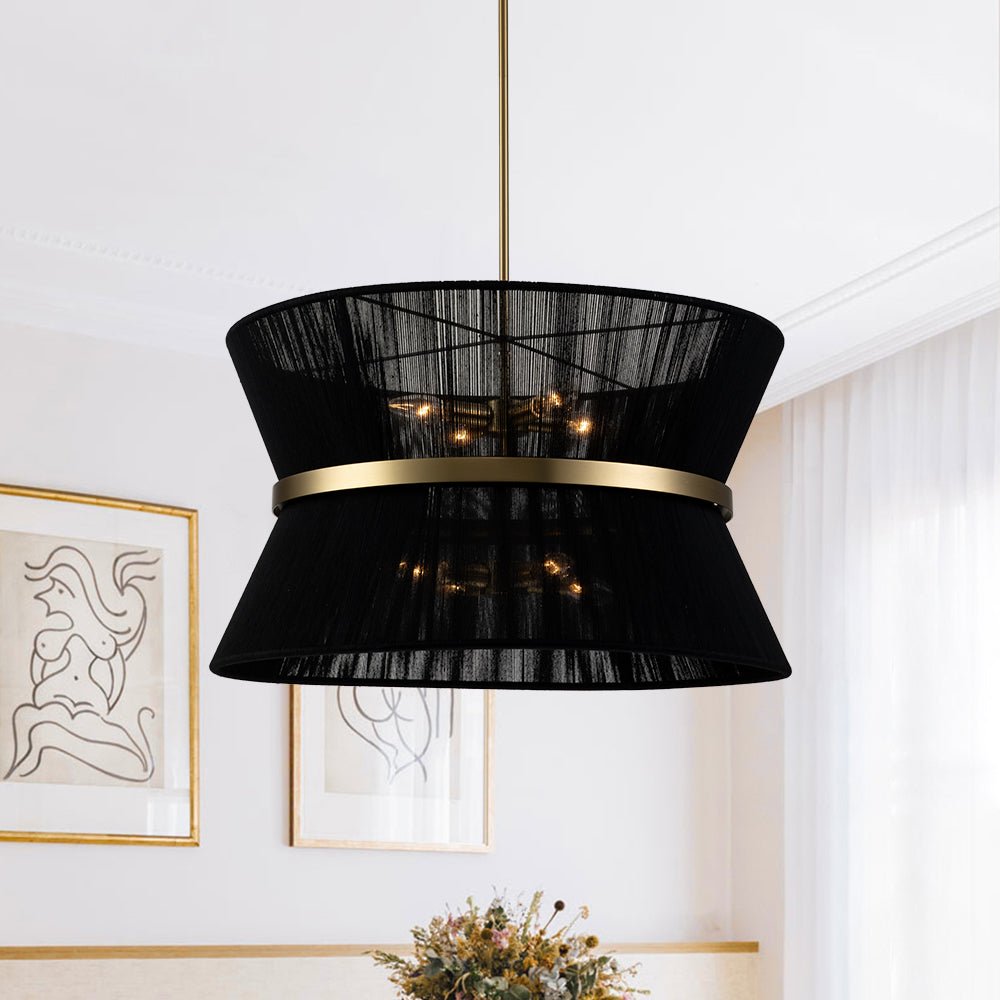 Woven Cotton Rope Drum Chandelier with Adjustable Height – 24 in Brushed Brass Fixture for Kitchen Island, Dining Table & Modern Farmhouse I