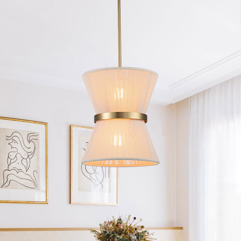Woven Cotton Rope Drum Chandelier with Adjustable Height – 24 in Brushed Brass Fixture for Kitchen Island, Dining Table & Modern Farmhouse I