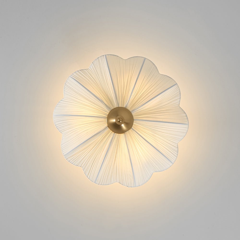 Three-Light Ceiling Lamp with Gathered Fabric Dome and Brass Accents