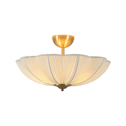 Three-Light Ceiling Lamp with Gathered Fabric Dome and Brass Accents