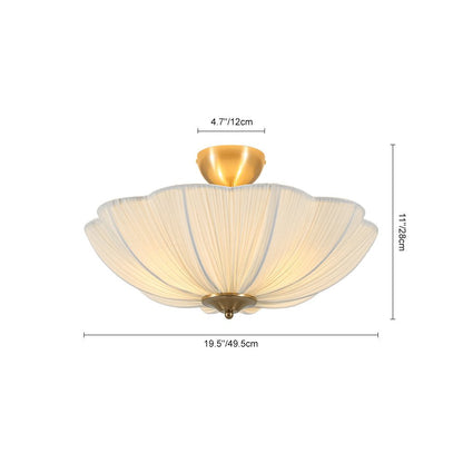 Three-Light Ceiling Lamp with Gathered Fabric Dome and Brass Accents