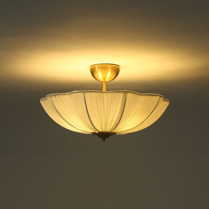 Three-Light Ceiling Lamp with Gathered Fabric Dome and Brass Accents