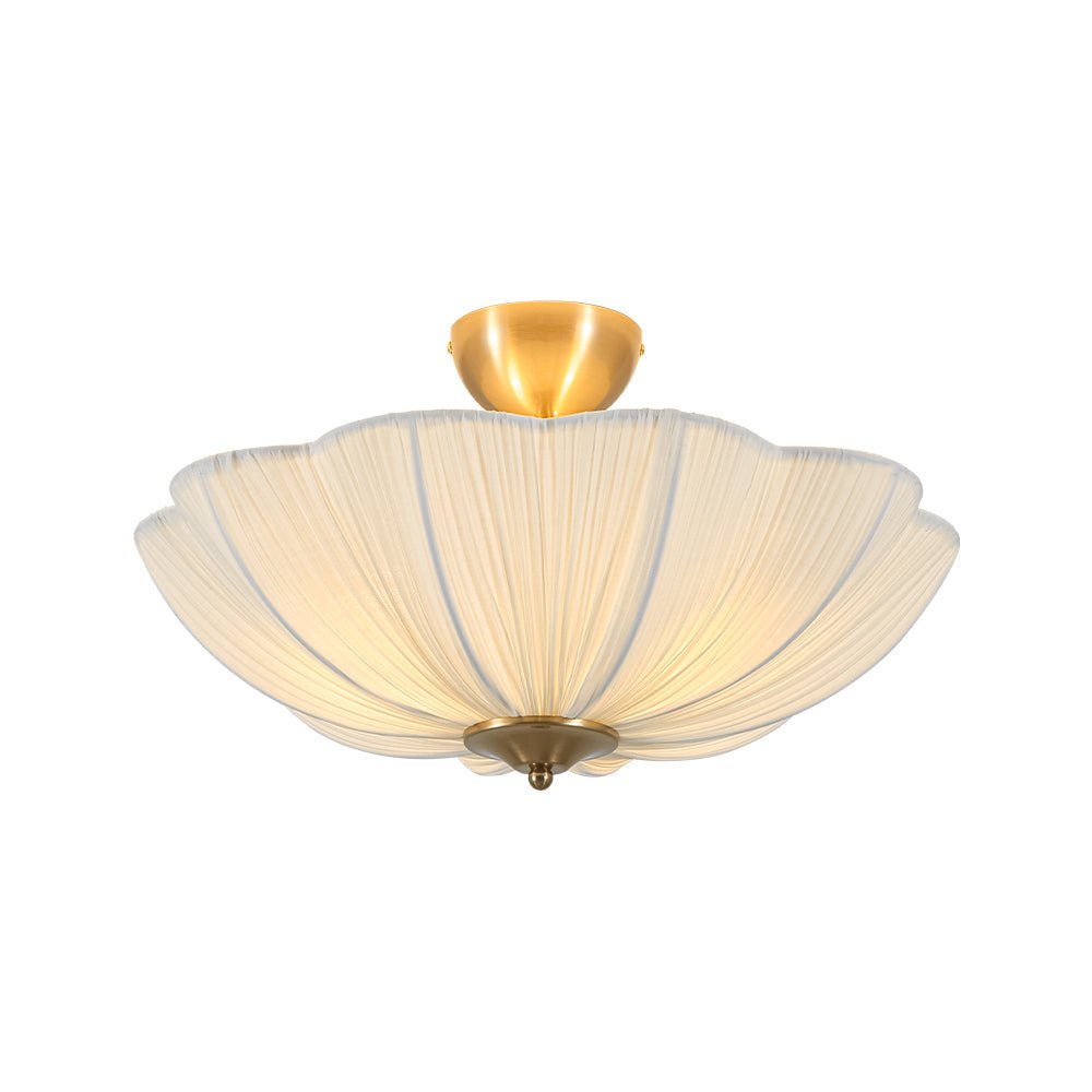 Three-Light Ceiling Lamp with Gathered Fabric Dome and Brass Accents