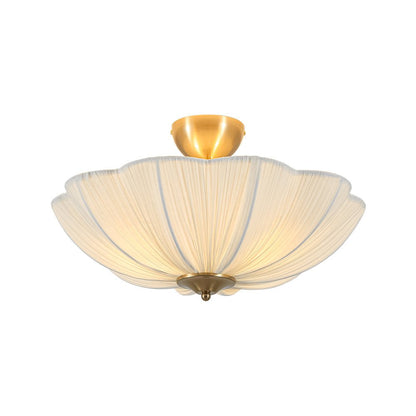 Three-Light Ceiling Lamp with Gathered Fabric Dome and Brass Accents