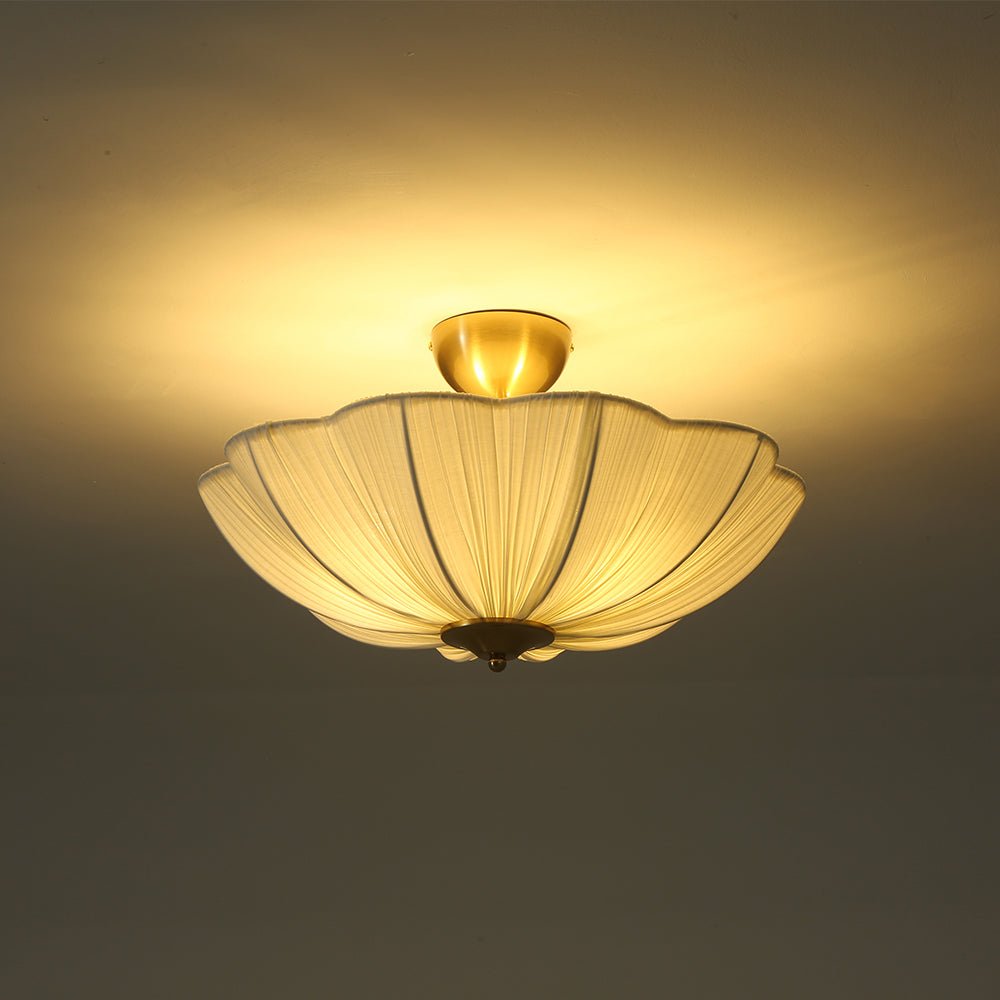 Three-Light Ceiling Lamp with Gathered Fabric Dome and Brass Accents