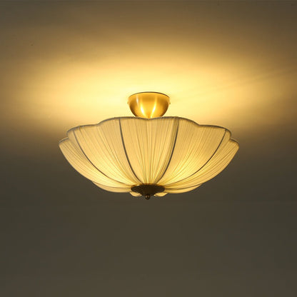 Three-Light Ceiling Lamp with Gathered Fabric Dome and Brass Accents