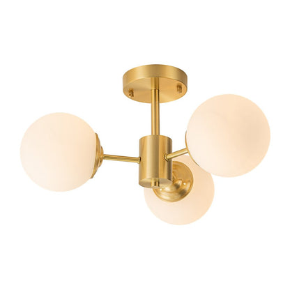 Three-Globe Semi-Flush Mount Light Fixture 19 in Brass Opal Glass for Bedroom Living Room Hallway Mid-Century Modern Ambient Lighting