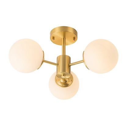 Three-Globe Semi-Flush Mount Light Fixture 19 in Brass Opal Glass for Bedroom Living Room Hallway Mid-Century Modern Ambient Lighting