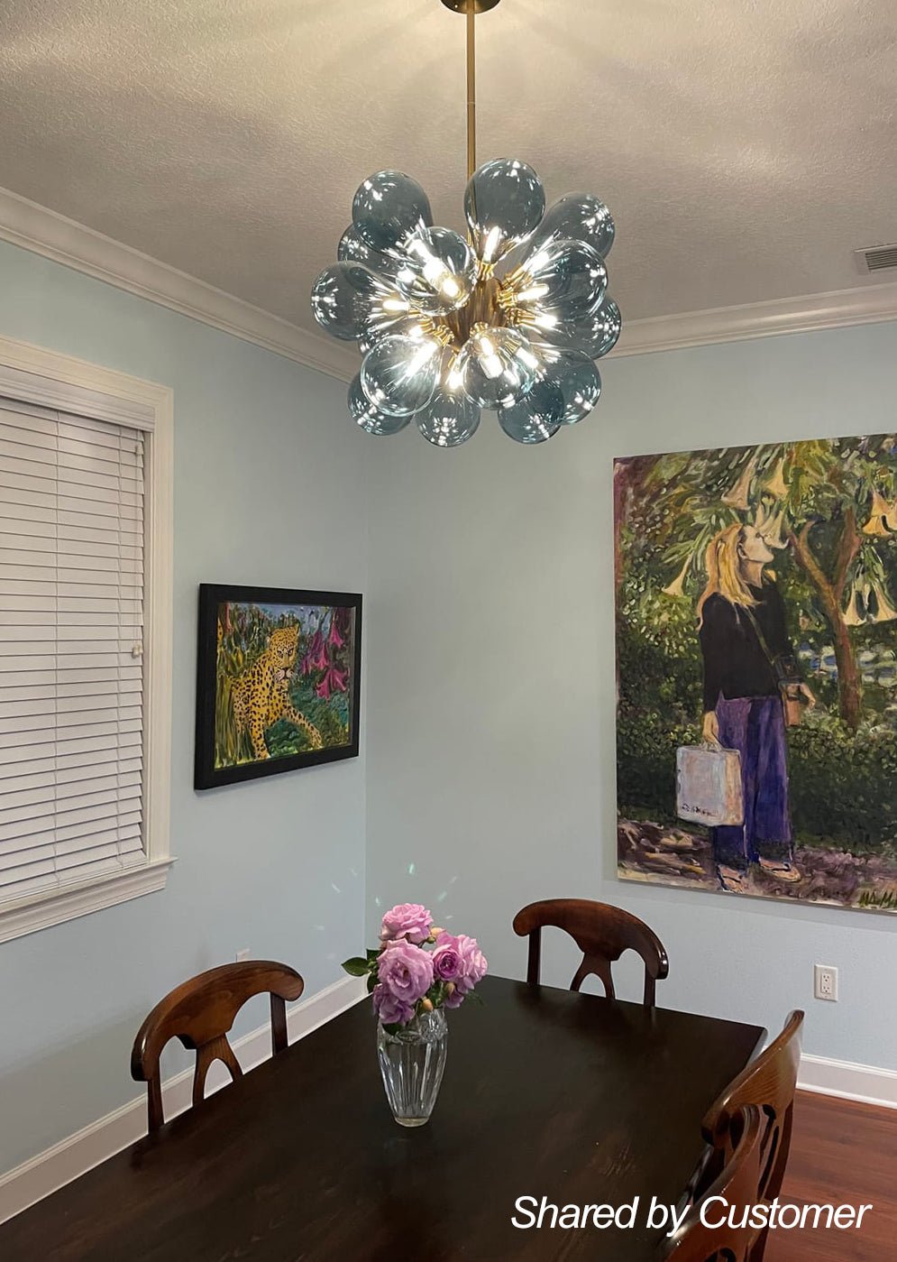 18-Light Glass Globe Ceiling Chandelier Blue Orb Sputnik Design Gold Frame Adjustable Height Hardwired for Dining Room Foyer