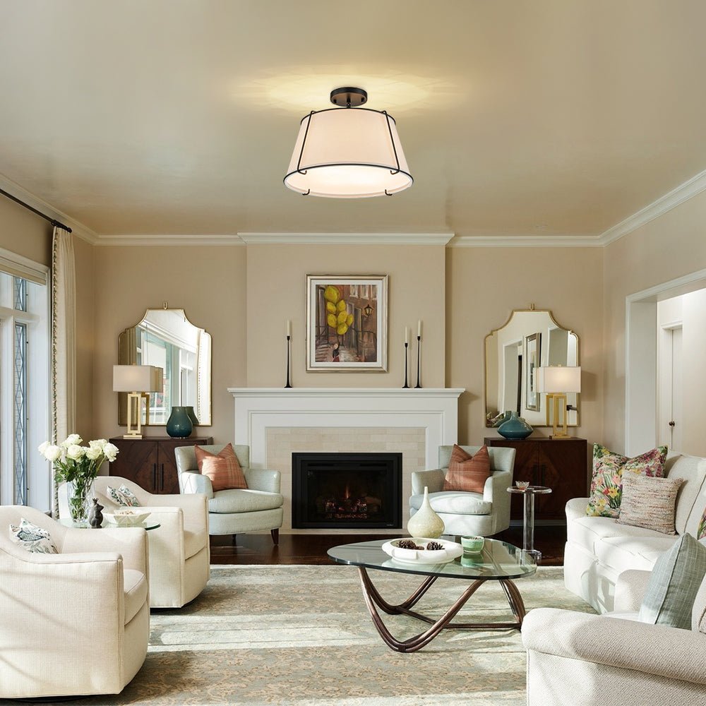 4-Light Linen Drum Semi Flush Ceiling Light with Brass Accents for Living Room, Dining Room, Bedroom | Mid-Century Modern Tapered Shade