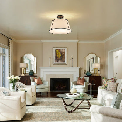 4-Light Linen Drum Semi Flush Ceiling Light with Brass Accents for Living Room, Dining Room, Bedroom | Mid-Century Modern Tapered Shade