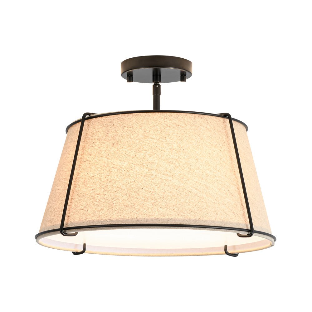 4-Light Linen Drum Semi Flush Ceiling Light with Brass Accents for Living Room, Dining Room, Bedroom | Mid-Century Modern Tapered Shade