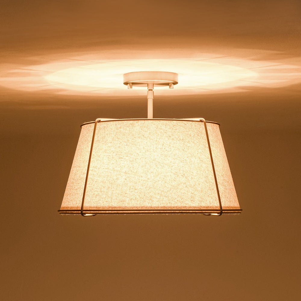 4-Light Linen Drum Semi Flush Ceiling Light with Brass Accents for Living Room, Dining Room, Bedroom | Mid-Century Modern Tapered Shade