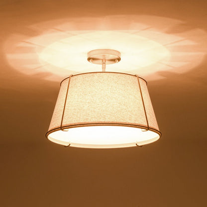 4-Light Linen Drum Semi Flush Ceiling Light with Brass Accents for Living Room, Dining Room, Bedroom | Mid-Century Modern Tapered Shade