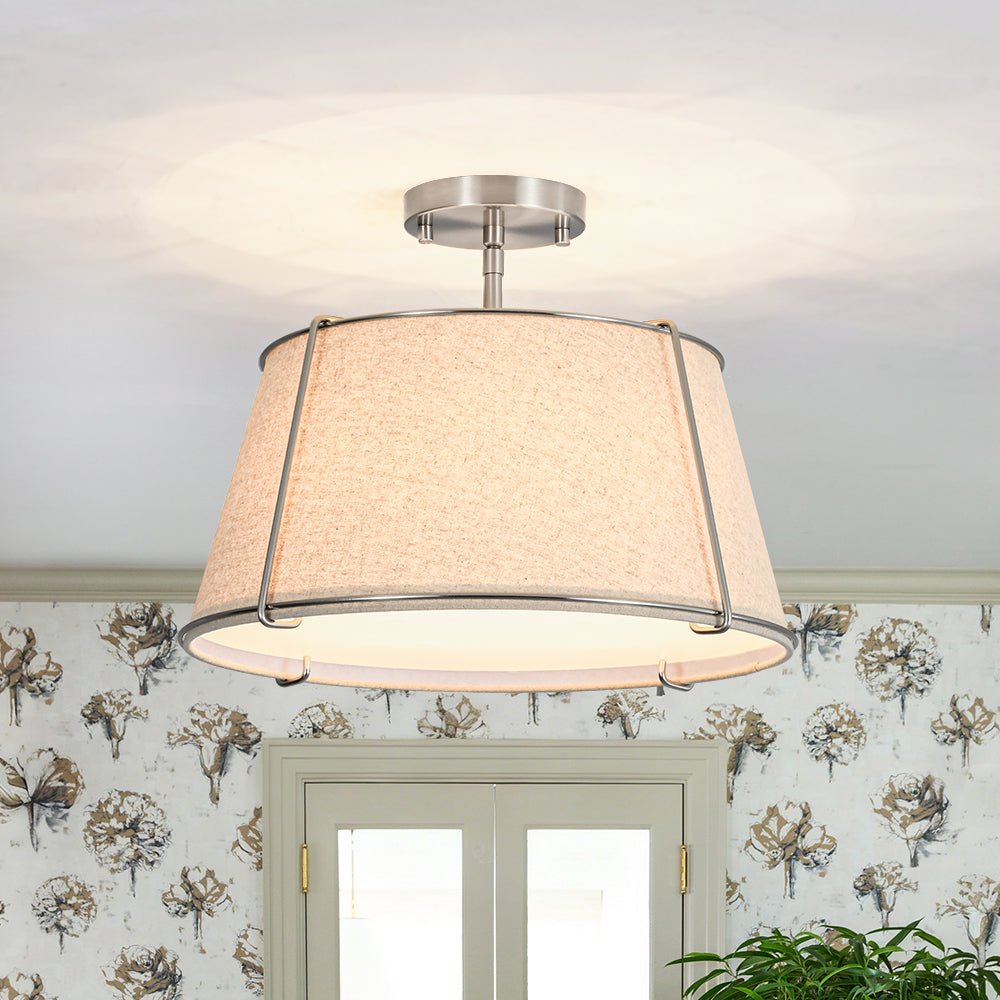 4-Light Linen Drum Semi Flush Ceiling Light with Brass Accents for Living Room, Dining Room, Bedroom | Mid-Century Modern Tapered Shade