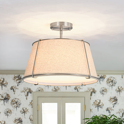4-Light Linen Drum Semi Flush Ceiling Light with Brass Accents for Living Room, Dining Room, Bedroom | Mid-Century Modern Tapered Shade