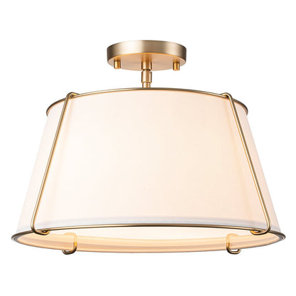 4-Light Linen Drum Semi Flush Ceiling Light with Brass Accents for Living Room, Dining Room, Bedroom | Mid-Century Modern Tapered Shade