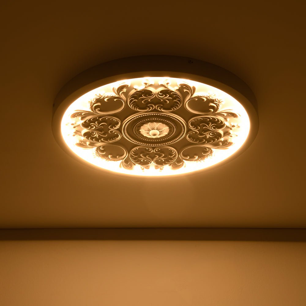 19-inch Resin LED Flush Mount Light with Relief Ornament Matte White Dimmable for Bedroom Living Room Hallway 3000K Warm Glow Decorative Low