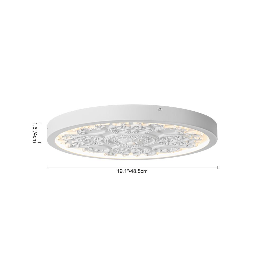 19-inch Resin LED Flush Mount Light with Relief Ornament Matte White Dimmable for Bedroom Living Room Hallway 3000K Warm Glow Decorative Low