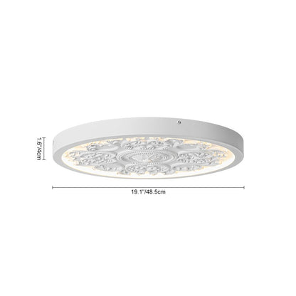 19-inch Resin LED Flush Mount Light with Relief Ornament Matte White Dimmable for Bedroom Living Room Hallway 3000K Warm Glow Decorative Low