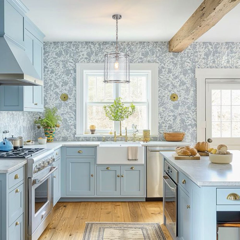 Single-Light Cylinder Glass Pendant with Metal Frame for Kitchen Island & Dining Room