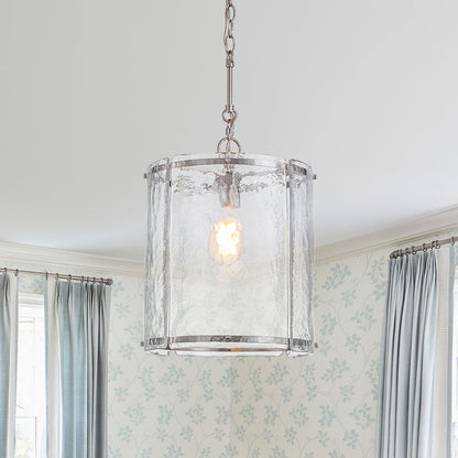Ribbed Glass Cage Hanging Light 13 in Brass or Nickel for Kitchen Counter & Dining Table with Adjustable 79 in Chain