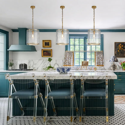 Ribbed Glass Cage Hanging Light 13 in Brass or Nickel for Kitchen Counter & Dining Table with Adjustable 79 in Chain