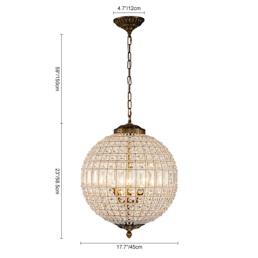 Spherical Crystal Chandelier with Aged Brass Frame – Hardwired Ceiling Fixture for Dining Room & Entryway